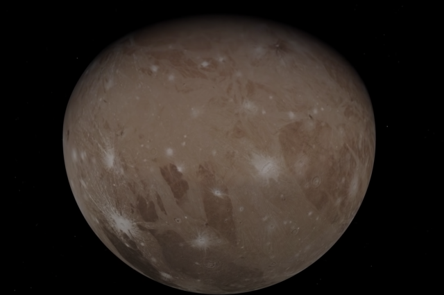 A screenshot of the video showing Juno's view of Jupiter's moon Ganymede. Image Credit: Juno Mission / YouTube.