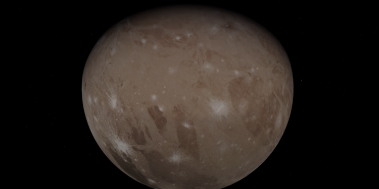 A screenshot of the video showing Juno's view of Jupiter's moon Ganymede. Image Credit: Juno Mission / YouTube.