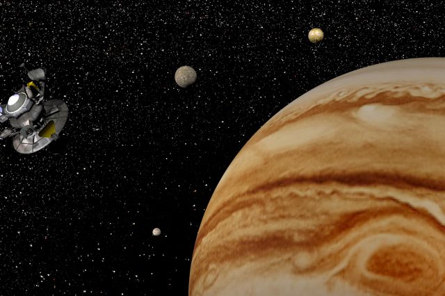 Voyager spacecraft near Jupiter and four of its famous satellites - Io, Europa, Ganymede and Callisto. Elements of this image furnished by NASA. Depositphotos.