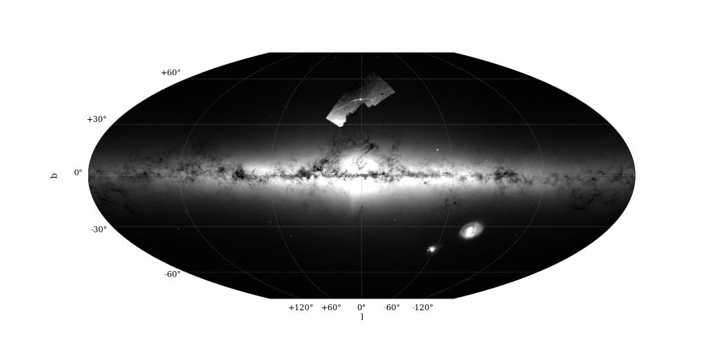 All-sky view of the Milky Way galaxy. The region in the higher middle is where Palomar 5 is located and where researchers discovered more than 100 black holes. Credit: Mark Gieles et al./ Gaia eDR3/ DESI DECaLS/ University of Barcelona.