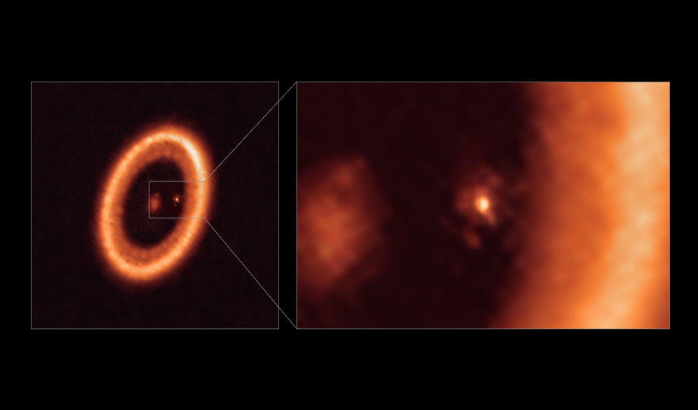 See the magnificent image containing the disk of dust around a protoplanet. Credit: ALMA, Myriam Benisty et al.