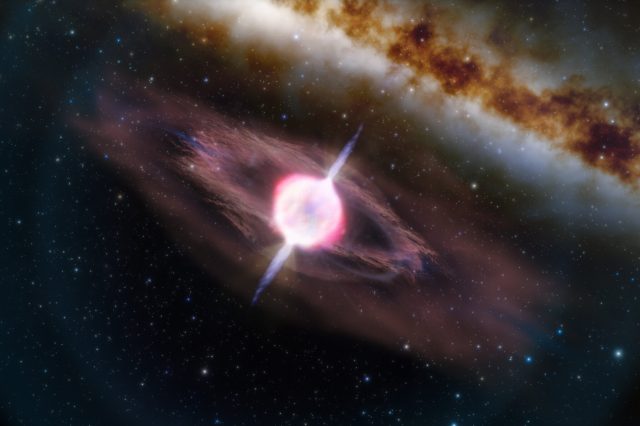 Artist's impression of a collapsing star that is producing a gamma-ray burst jets. Scientists have detected the shortest gamma-ray-burst in history. Credit: International Gemini Observatory/NOIRLab/NSF/AURA/J. da Silva