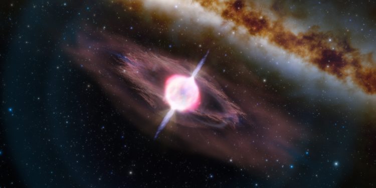 Artist's impression of a collapsing star that is producing a gamma-ray burst jets. Scientists have detected the shortest gamma-ray-burst in history. Credit: International Gemini Observatory/NOIRLab/NSF/AURA/J. da Silva