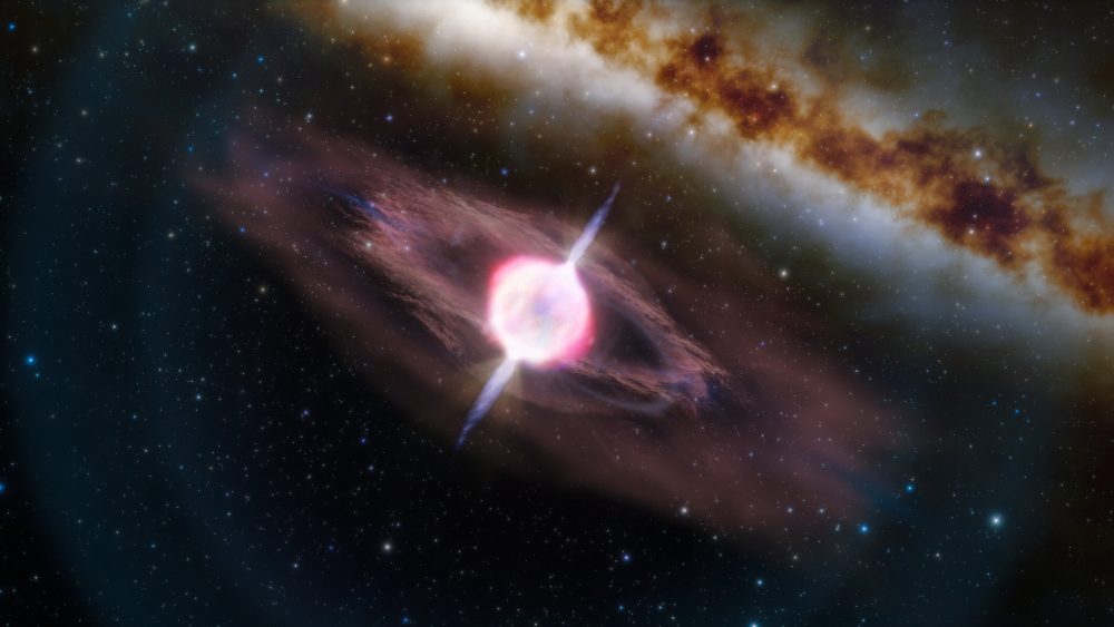 Artist's impression of a collapsing star that is producing a gamma-ray burst jets. Scientists have detected the shortest gamma-ray-burst in history. Credit: International Gemini Observatory/NOIRLab/NSF/AURA/J. da Silva