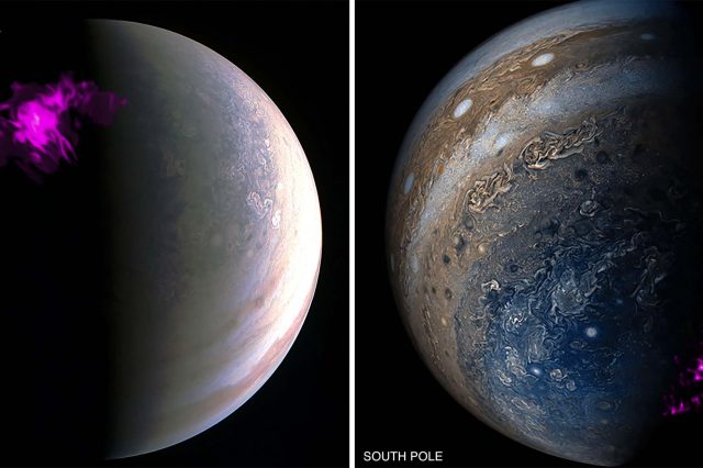 Overlaid images of Jupiter's pole from NASA's Juno satellite and X-ray telescope. Sources: NASA / Chandra / Juno Wolk / Dunn