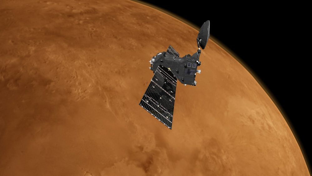 Artist's impression of the ExoMars TGO orbiter which attempts to solve the Mars methane mystery unsuccessfully. Credit: ESA
