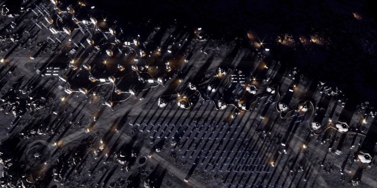 Here is how the Moon Village would look like from high above the surface. Credit: SOM