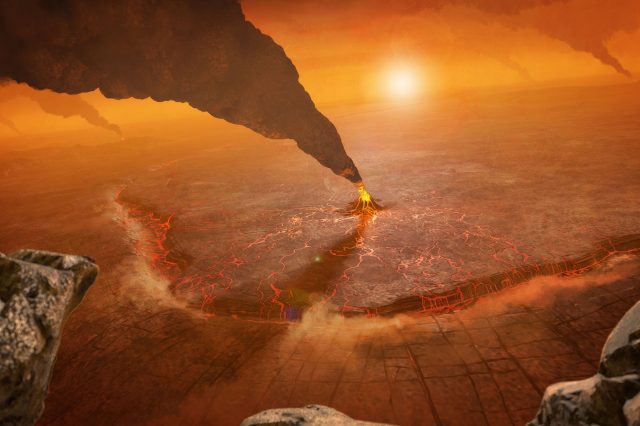 Artist's impression of active volcanoes on venus. Scientists believe that volcanoes are linked to the presense of phosphine on Venus. Credit: NASA/JPL-Caltech/Peter Rubin