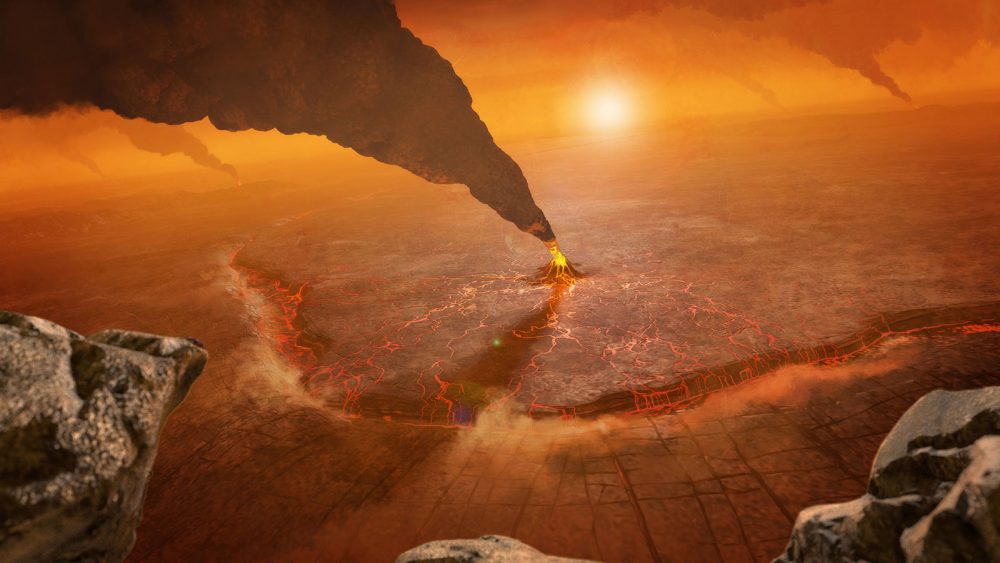 Artist's impression of active volcanoes on venus. Scientists believe that volcanoes are linked to the presense of phosphine on Venus. Credit: NASA/JPL-Caltech/Peter Rubin