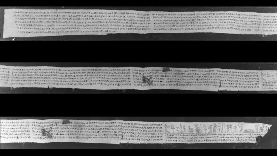 The segment of the Book of the Dead at the Getty Research Institute. The new fragment, discovered in New Zealand, continues from the torn part on the bottom. Credit: Getty's Open Content Program