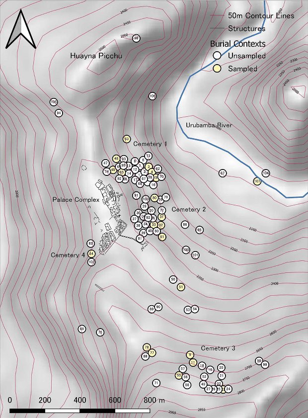 Locations of burial caves at Machu Picchu. Credit: Richard Burger et al. / Antiquity, 2021