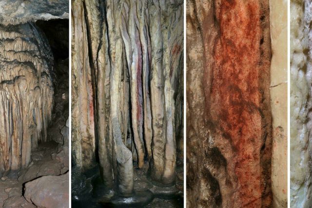 Close-up views of the coloured stalagmite tower. We now know that this cave art in Spain was painted by Neanderthals around 60,000 years ago. Credit: Africa Marti et al. / Proceedings of the National Academy of Science, 2021