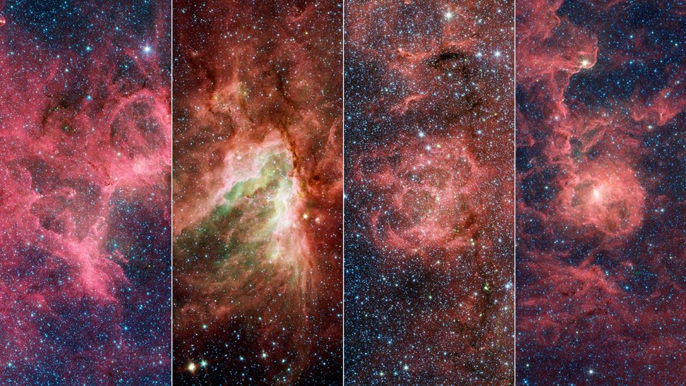 The four nebulae that are part of the Sagittarius Arm within the Milky Way. From left to right: Eagle, Omega, Triffid, Lagoon. Credit: NASA/JPL-Caltech