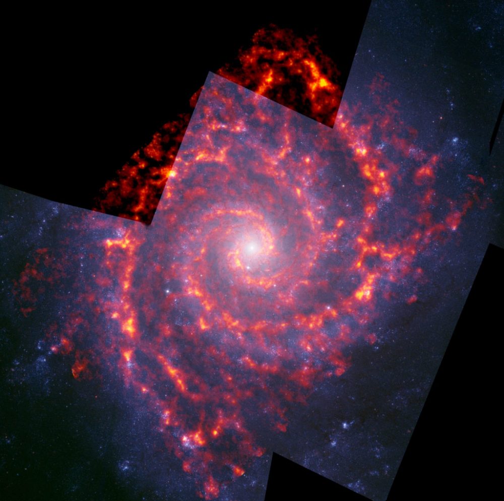 Composite image from ALMA (orange) and Hubble (blue) of NGC 628 (Messier 74). Credit: NRAO/AUI/NSF, B. Saxton: ALMA (ESO/NAOJ/NRAO); NASA/Hubble