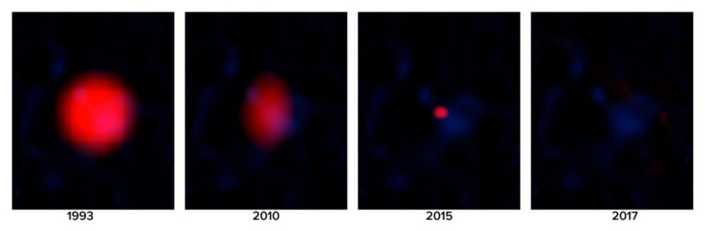 Radio images of the FIRST J1419+3940 gamma ray burst throughout the years. Credit: B. Saxton NRAO/AUI/NSF STScI, ROE, AAO, CalTech, National Geographic Society