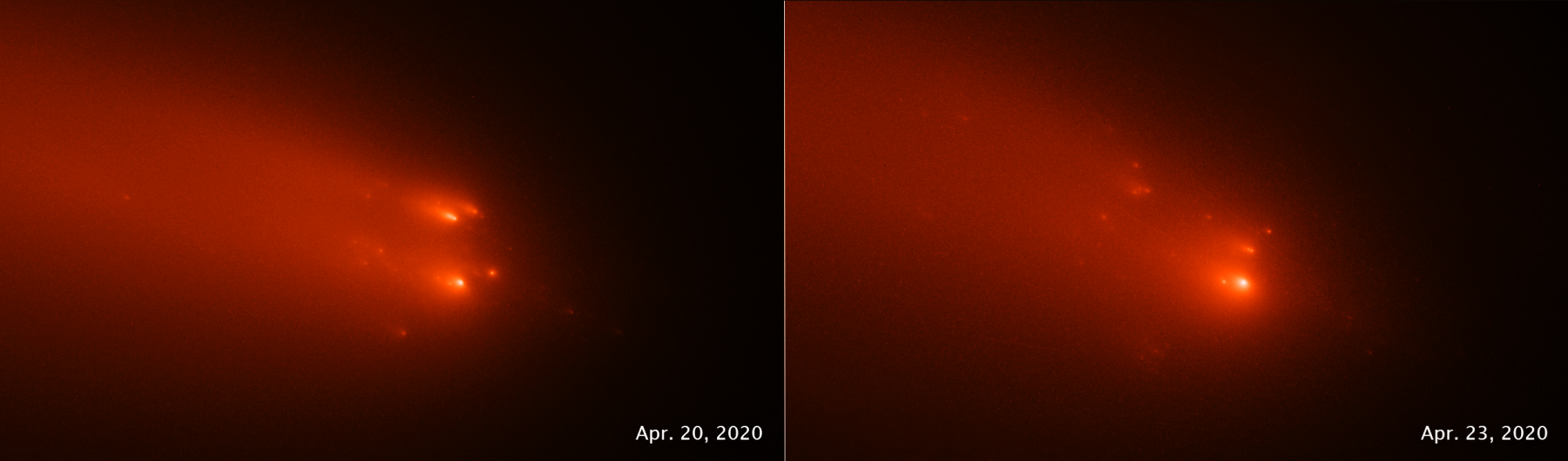 Images of comet Atlas from three days apart show the breakup of the nucleus of the comet. Credit: Science: NASA, ESA, Quanzhi Ye (UMD); Image Processing: Alyssa Pagan (STScI)