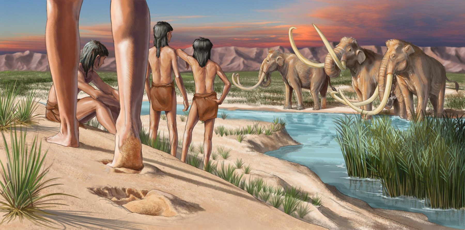 Artist's impression of young humans in the ice age and how their footprints were formed. Credit: Karen Carr