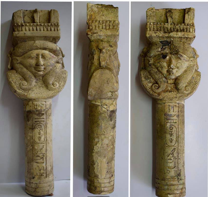 The limestone column with the image of Hathor. Credit: Ministry of Antiquities / Facebook