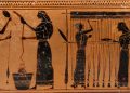Part of a Terracotta lekythos, showing an image of working women, c.550-530 BC. Credit: Metropolitan Museum of Art