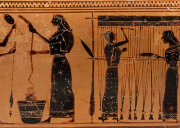 Part of a Terracotta lekythos, showing an image of working women, c.550-530 BC. Credit: Metropolitan Museum of Art