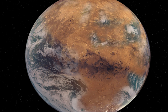 Artist's impression of a Mars with surface water. Is Mars too small to retain these conditions? Credit: NASA Earth Observatory/Joshua Stevens; NOAA National Environmental Satellite, Data, and Information Service; NASA/JPL-Caltech/USGS; Graphic design by Sean Garcia/Washington University