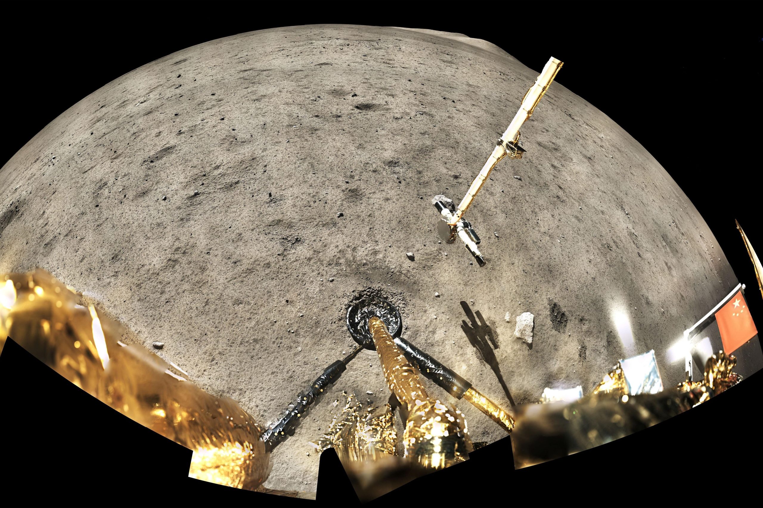 Panoramic image taken by the Chang'e 5 lander collecting lunar samples. Credit: CNSA (China National Space Administration) / CLEP (China Lunar Exploration Program) / GRAS (Ground Research Application System)