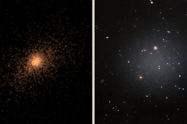 On the left is one of the ultradiffuse galaxies that scientists simulated and analyzed while on the right, you see an almost transparent galaxy caleld DF2. Credit: ESA/Hubble