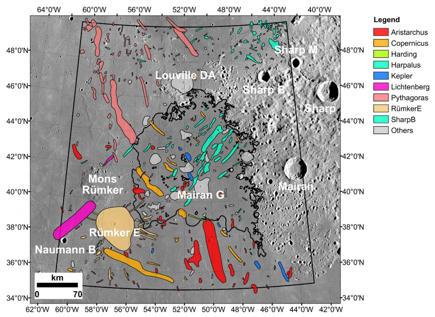 Chang'e-5's landing site and nearby impact craters that could be the sources of the exotic materials found in the samples. Credit: Qian et al. 2021