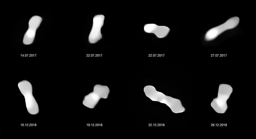 Dog-bone asteroid 216 Kleopatra photographed over the course of a year and a half. Credit: ESO / Vernazza, Marchis et al. / ONERA, CNRS