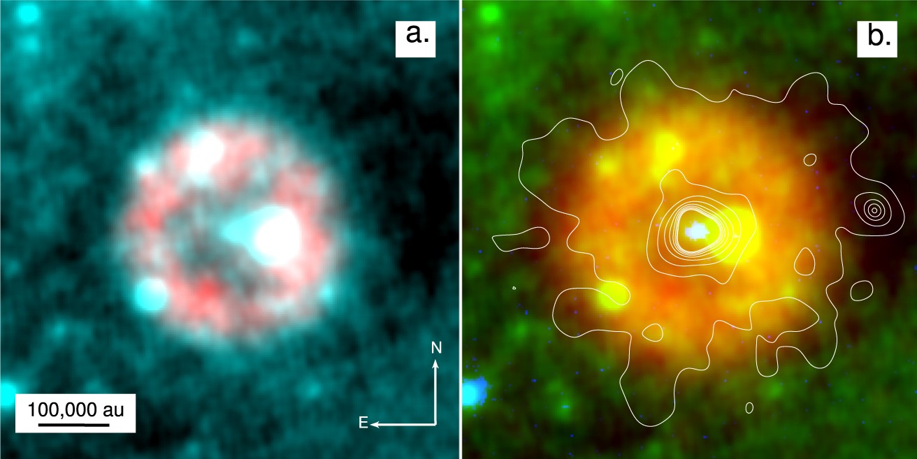 Infrared (a) and ultraviolet (b) images of the Pa 30 nebula. Credit: Andreas Ritter et al. / The Astrophysical Journal Letters, 2021