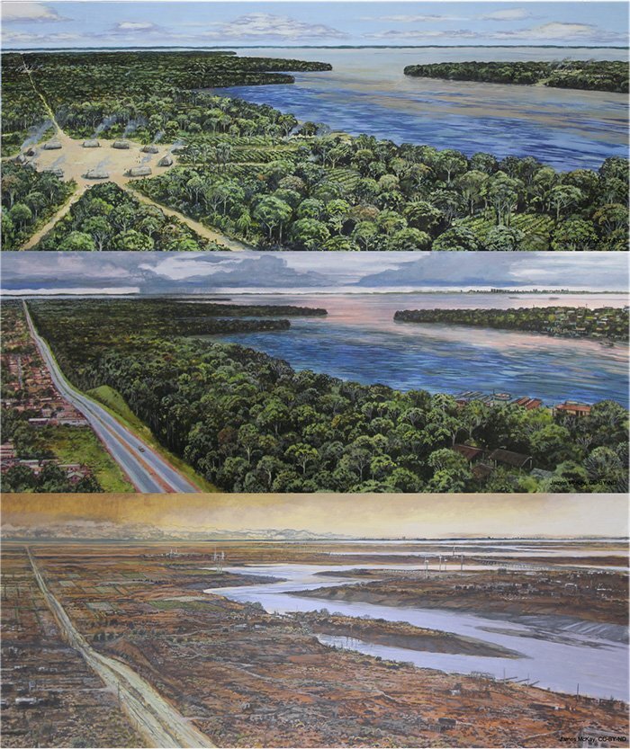 This image illustrates the way the Amazon region looked like around the 1500s, present-day, and 500 years from now. Credit: Lyon et al., 2021/CC BY-ND