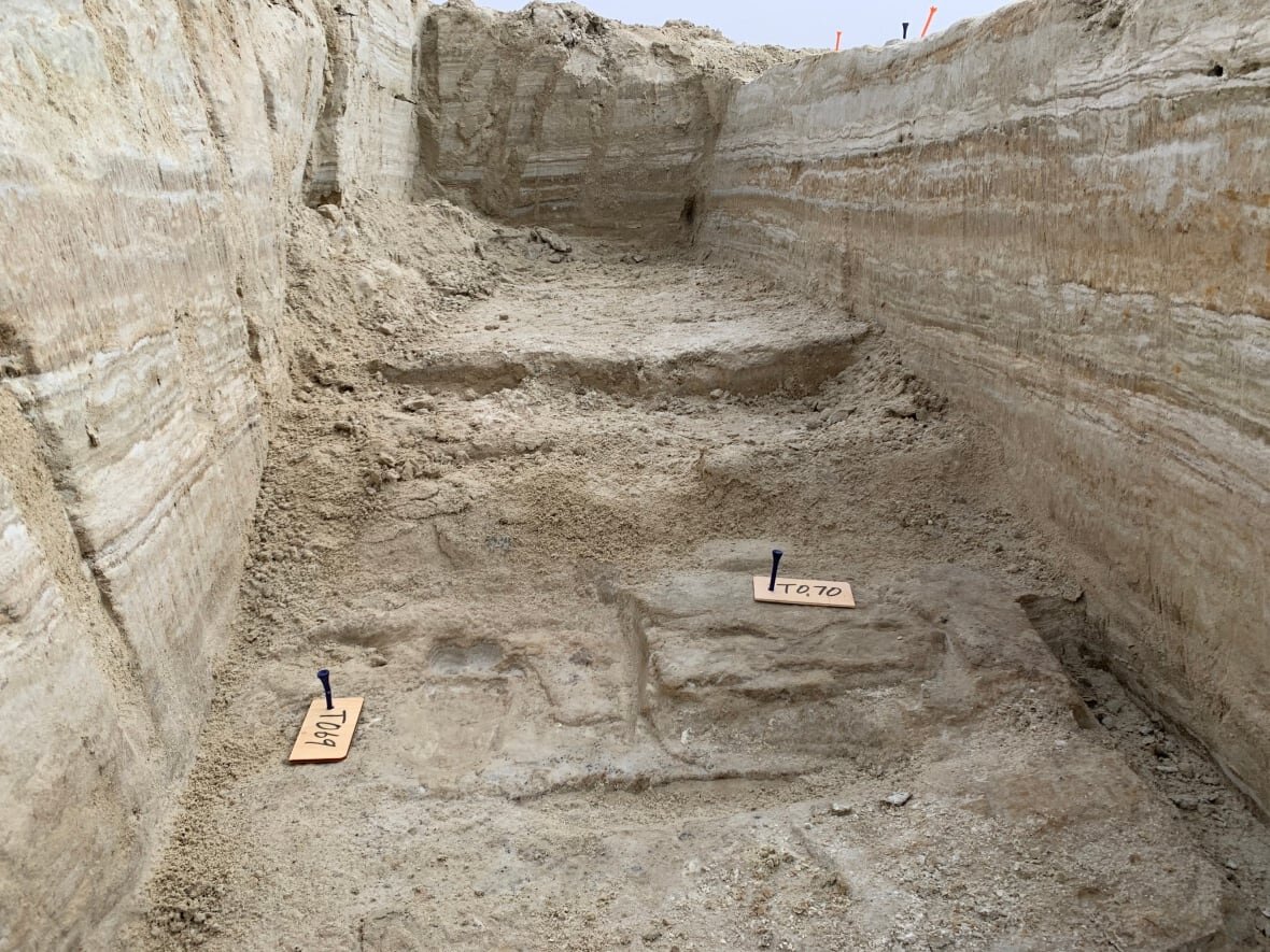 Ancient human footprints discovered in a trench at the site. Credit: National Park Service/USGS/Bournemouth University