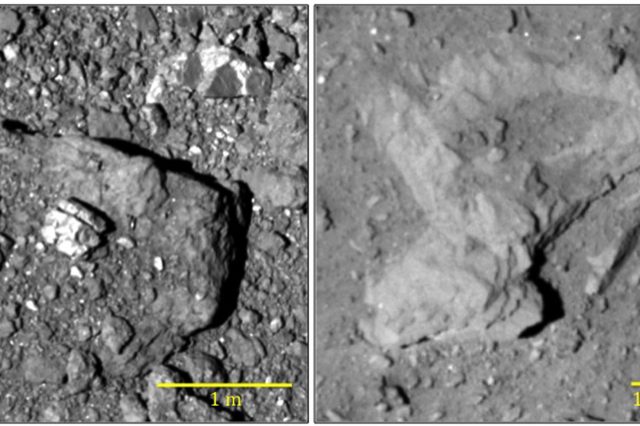 Boulders partially covered with regolith on the surface of Ryugu. Pictures of Hayabusa-2. Credit: ISAS / JAXA, University of Tokyo