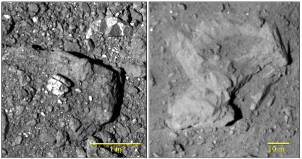 Boulders partially covered with regolith on the surface of Ryugu. Pictures of Hayabusa-2. Credit: ISAS / JAXA, University of Tokyo