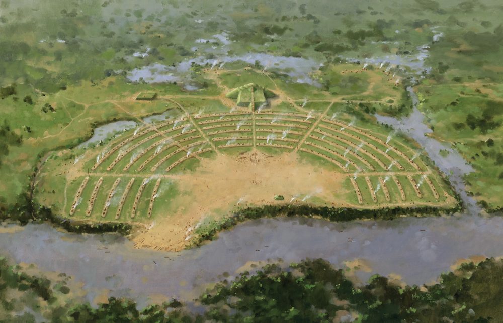 Artist's impression of the Poverty Point site as it must have looked like when it was erected by America's first civilization. Credit: Herb Roe (CC BY-SA)