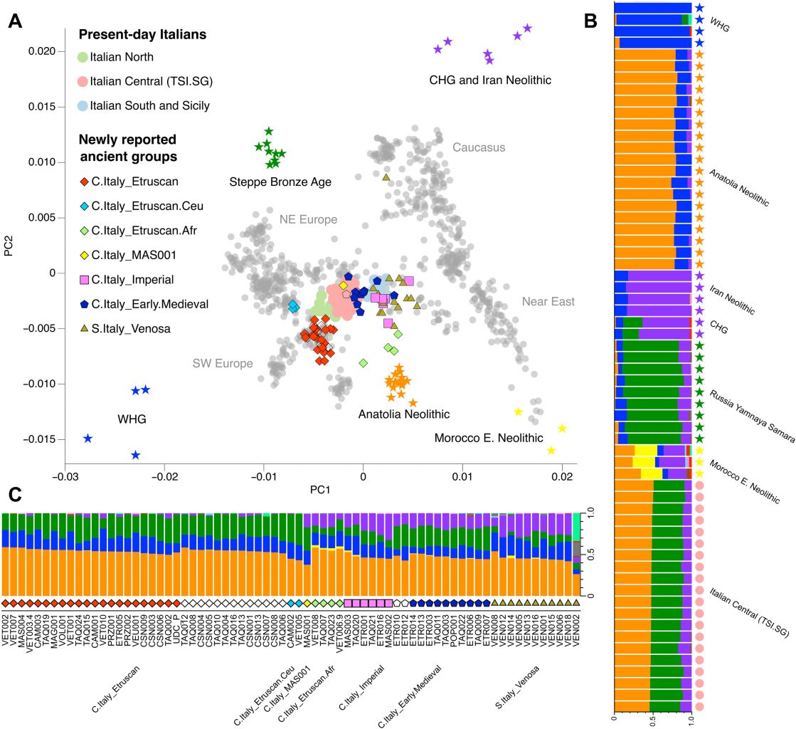 Genetic map and clustering of ancient and present-day populations. Credit: Cosimo Posth et al. / Science Advances, 2021