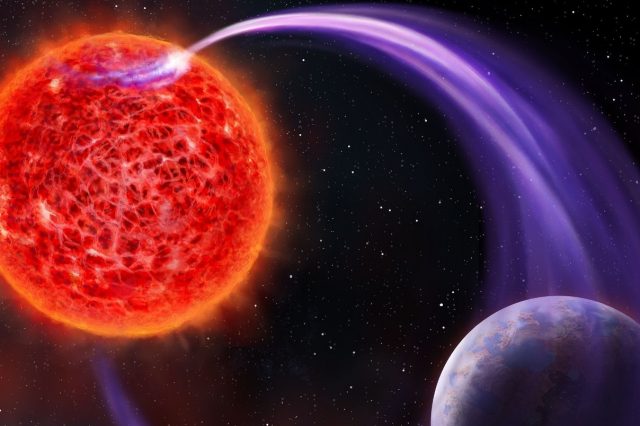Artist's impression of a red dwarf and an exoplanet and their interaction that causes auroras. Scientists want to use such radio signals to detect distant hidden planets. Credit: Danielle Futselaar (artsource.nl)