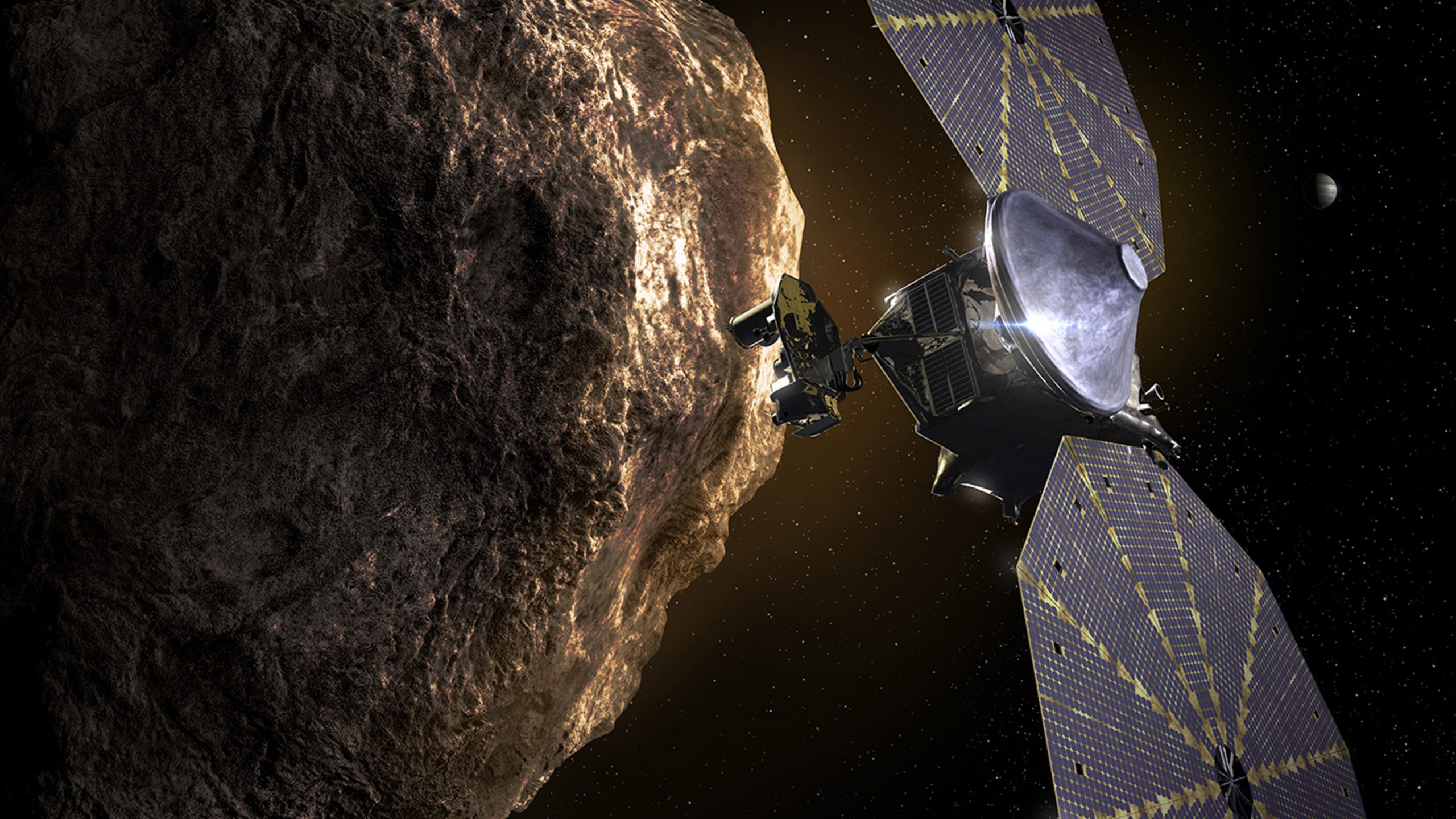 NASA launched the Lucy spacecraft which will study eight Trojan asteroids. Credit: NASA