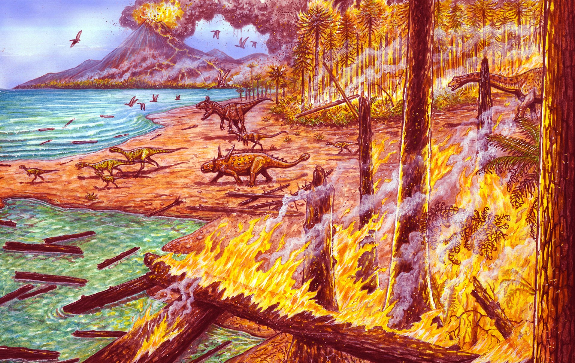 Dinosaurs escaping the wildfires in Antarctica. Credit: Illustration by Maurilio Oliveira; De Lima, F.J. et al. Polar Research (2021); CC BY 4.0)