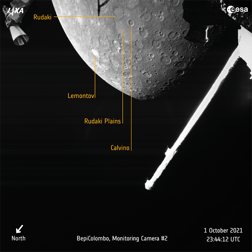 Another image from BepiColombo with annotated regions on the planet's surface. Credit: ESA/JAXA/BepiColombo