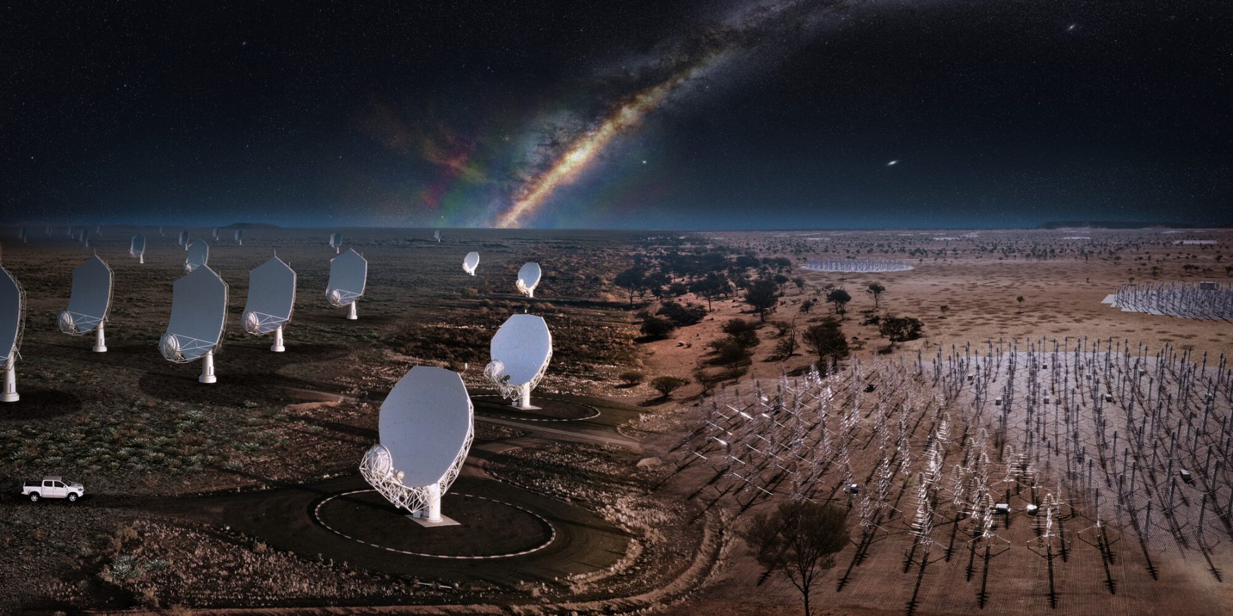 Artist's composite impression of the Square Kilometer Array telescopes to be built in South Africa and Australia. Credit: SKAO, ICRAR, SARAO, Hurley-Walker (Curtin / ICRAR) and the GLEAM Team
