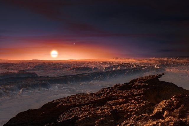 Artist's impression of the Proxima Centauri system from the point of view of an exoplanet within. Credit: ESO / M. Kornmesser