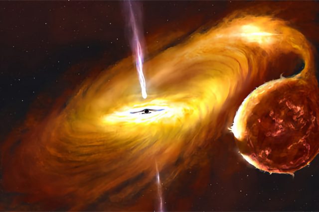 Artist's impression of a black hole with a warped accretion disc. Credit: John Paice