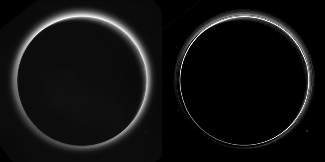 A virtually unprocessed (left) and processed (right) photograph of the glow of Pluto's atmosphere Credit NASA / Johns Hopkins University Applied Physics Laboratory / Southwest Research Institute