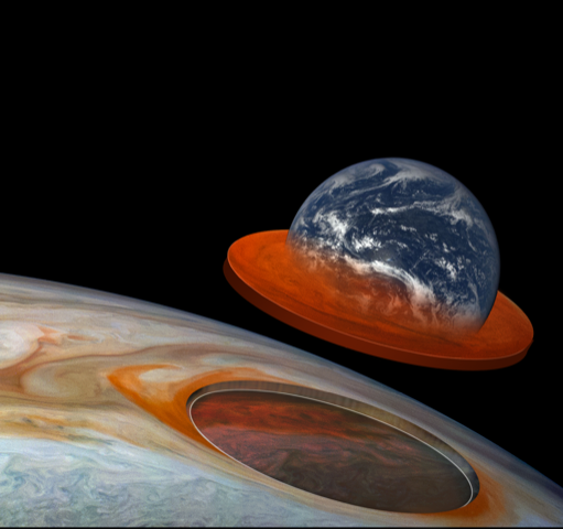 Earth compared to the Great Red Spot of Jupiter. Credit: JunoCam Image data: NASA/JPL-Caltech/SwRI/MSSS; JunoCam Image processing by Kevin M. Gill (CC BY); Earth Image: NASA