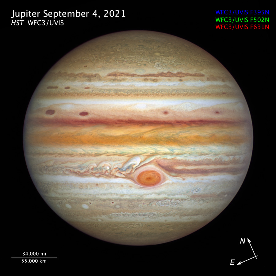 Hubble's image of Jupiter taken on September 4, 2021. Credit: Amy Simon / NASA-GSFC, Michael H. Wong / UC Berkeley