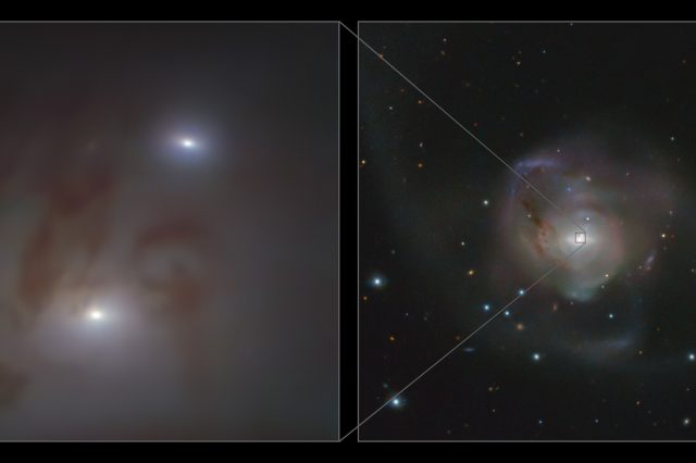 Two bright galactic nuclei, each of which holds one of the supermassive black holes that make up the closest pair to the Sun. Credit: ESO/Voggel et al.; ESO/VST ATLAS team. Acknowledgement: Durham University/CASU/WFAU