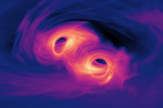 Artist's impression of a merger of black holes. Physicists have proposed a new model that suggests black hole growth depends on the expansion of the Universe. Credit: NASA's Goddard Space Flight Center