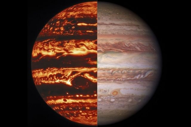 This image shows Jupiter in infrared and visible light. Credit: International Gemini Observatory / NOIRLab / NSF / AURA / NASA / ESA, M.H. Wong and I. de Pater (UC Berkeley) et al.