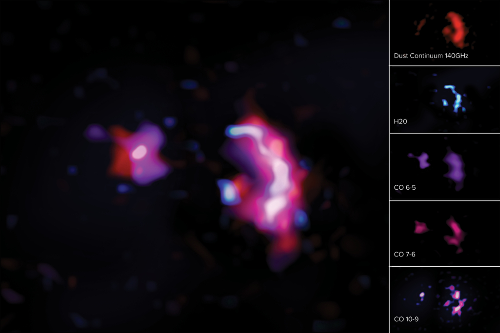 This series of images show the molecular lines and dust continuum as captured during observations with the ALMA telescope. On the left, you see a composite image combining all four on the right, which include isolated observations of the dust continuum, H2O, carbon monoxide, and more. Credit: ALMA (ESO/NAOJ/NRAO)/S. Dagnello (NRAO)
